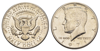 США 1/2 доллара (50 центов) 1971 D, Джон Кеннеди KM 202b медь плакированная медно-никелем aUNC 109-242