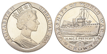 Гибралтар 1 крона 1993 Боевые корабли Второй мировой войны - H.M.C.S. Prescott KM 120 медно-никель BU 1078-2-31