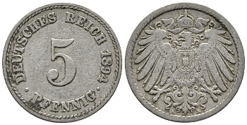 ГЕРМАНИЯ 5 ПФЕННИГОВ 1894 A KM 11, J. 12 медно-никель 39-663
