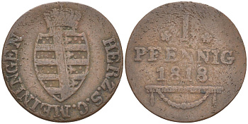 Саксен-Мейнинген 1 пфенниг 1818 Бернхард Эрик (1803-1866) KM 109, Jaeger 410, AKS 177 медь 4383-1056