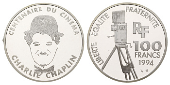 Франция 100 франков 1994 100 лет кинематографу - Чарли Чаплин KM 1076 серебро PROOF 11-313-12
