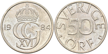 Швеция 50 эре 1984 U, Карл XVI Густав (1973- ) KM 855 медно-никель UNC 4548-1236