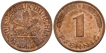 ФРГ 1 пфенниг 1982 D KM 105, J.380 сталь плакированная медью 4602-761