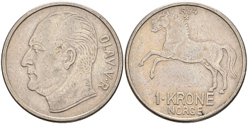 Норвегия 1 крона 1964 лошадь, Улаф V (1958-1991) KM 409 медно-никель 4575-742