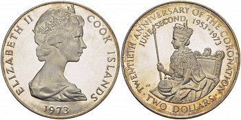 Острова Кука 2 доллара 1973 20 лет со дня коронации Елизаветы II KM 8 серебро PROOF 11-171-22