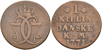 ДАНИЯ 1 СКИЛЛИНГ 1771 КРИСТИАН VII (1766-1808) KM 616 (С47) медь 4545-1216