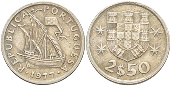 ПОРТУГАЛИЯ 2,5 ЭСКУДО 1977 ПАРУСНИК KM 590 медно-никель 4523-1056