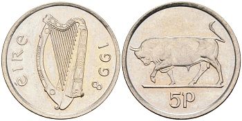 Ирландия 5 пенсов 1998 бык KM 28 медно-никель UNC 4580-938