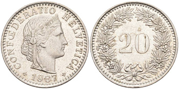 ШВЕЙЦАРИЯ 20 РАППЕНОВ 1987 В KM 29a медно-никель 55-1026