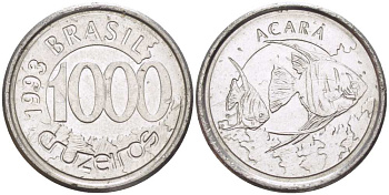 Бразилия 1000 крузейро 1993 реформа 1990-1993, рыбка Акара KM 626 нержавеющая сталь 26-858