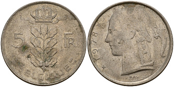 Бельгия 5 франков 1978 Belgique, Бодуэн I (1951-1993) KM 134 медно-никель 4156-653