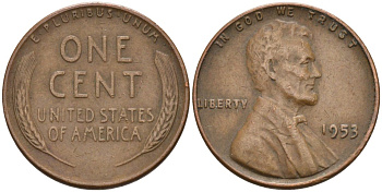 США 1 цент 1953 Линкольн KM А132 медь цинк 4115-816