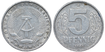 ГДР 5 пфеннигов 1968 A KM 9.1 алюминий 62-212