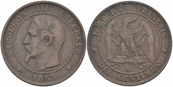 Франция 10 сантимов 1855 MA, Наполеон III (1852-1870) KM 771.6, Le Franc 133.29 бронза    4680-534