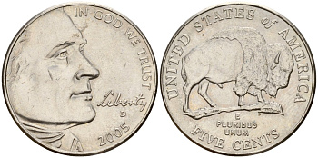 США 5 центов 2005 D, серия 200 лет экспедиции Льюиса и Кларка - бизон, из ролла KM 638 медно-никель 4179-536