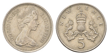 Великобритания 5 пенсов 1968 Елизавета II (1952-2022) KM 911, Spink 4233 (D1) медно-никель 4671-1154
