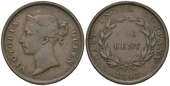 Британская Малайя 1 цент 1845 KM 3 бронза 98-841