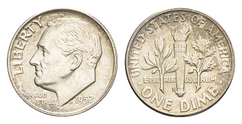 США 1 дайм (10 центов) 1952 S KM 195 серебро aUNC 1528-1022