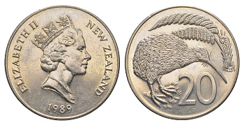 Новая Зеландия 20 центов 1989 Елизавета II (1952-2022), птичка киви KM 62 медно-никель UNC 4187-924