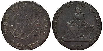 ИРЛАНДИЯ 1/2 ПЕННИ 1792 DUBLIN ТОКЕН ПАРЛАМЕНТСКИЙ АКТ О ПРИСОЕДИНЕНИИ медь 441-215