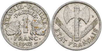 Франция 1 франк 1943 LB, тип Lourde, правительство Виши KM 902.1 алюминий 4142-924