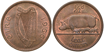 ИРЛАНДИЯ 1/2 ПЕННИ 1966 СВИНЬЯ С ПОРОСЯТАМИ KM 10 бронза UNC 4391-712