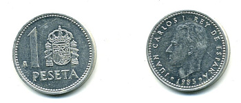 Испания 1 песета 1985 M, Хуан Карлос I (1975-2014) KM 821 алюминий 54-223