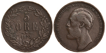 Швеция 5 эре 1873 Оскар II (1872-1907) король Швеции и Норвегии KM 730 бронза 81-333