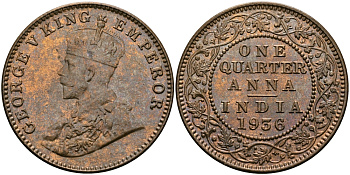 Британская Индия 1/4 анна 1936 Георг V (1910-1936) KM 512 бронза UNC 94-257