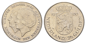 Нидерланды 2 1/2 гульдена 1980 коронация Беатрикс, 30 апреля 1980 KM 201 никель 4683-832