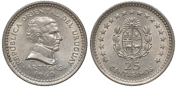 Уругвай 25 сентесимо 1960 KM 40 медно-никель 4169-761