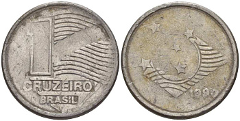 Бразилия 1 крузейро 1990 KM 617 нержавеющая сталь 201-867