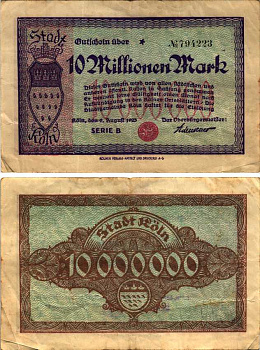 КЁЛЬН 10000000 МАРОК 1923 НОТГЕЛЬД, 9 АВГУСТА 1923, СЕРИЯ B, 4 ММ., ЗЕМЛЯ СЕВЕРНЫЙ РЕЙН-ВЕСТФАЛИЯ Keller 2684m бумага 6318-36-1-1