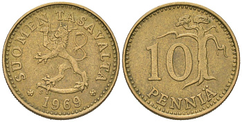 Финляндия 10 пенни 1969 S KM 46 алюминиевая бронза 218-1114