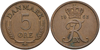 Дания 5 эре 1963 C; S, Фредерик IX (1947-1972) KM 848 бронза 4525-155