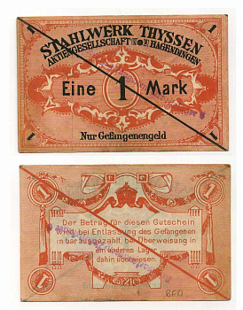 Германия 1 марка ND сталелитейные заводы Тиссена (THYSSEN), лагерь военнопленных Tieste 326.11 бумага 000-00-00