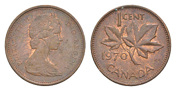 Канада 1 цент 1970 Елизавета II (1952-2022), кленовый лист KM 59.1 бронза 4158-633