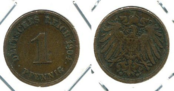 ГЕРМАНИЯ 1 ПФЕННИГ 1904 G KM 10, J. 10 медь 701-225