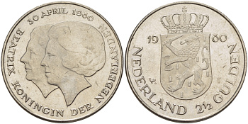 Нидерланды 2 1/2 гульдена 1980 коронация Беатрикс, 30 апреля 1980 KM 201 никель 38-116