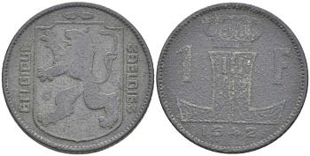 БЕЛЬГИЯ 1 ФРАНК 1942 BELGIQUE-BELGIE, ГЕРМАНСКАЯ ОККУПАЦИЯ, ВТОРАЯ МИРОВАЯ ВОЙНА KM 127 цинк 213-317