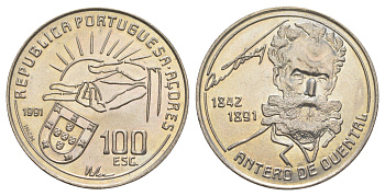 Португалия, Азорские острова 100 эскудо 1991 100 лет со дня смерти Антеру де КенталАвтономный регион Асориш, KM 46 медно-никель UNC 4185-431