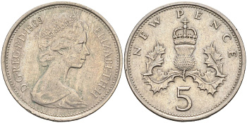 Великобритания 5 пенсов 1969 Елизавета II (1952-2022) KM 911, Spink 4233 (D1) медно-никель 4116-754