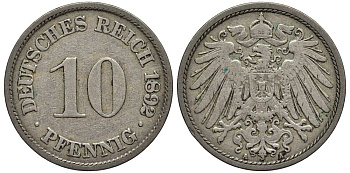 ГЕРМАНИЯ 10 ПФЕННИГОВ 1892 A KM 12, Jager 13, Weege 8 медно-никель 4513-753