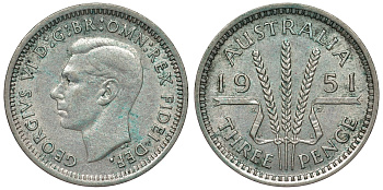 Австралия 3 пенса 1951 m, Георг VI (1937-1952), без букв KM 44 серебро 71-262