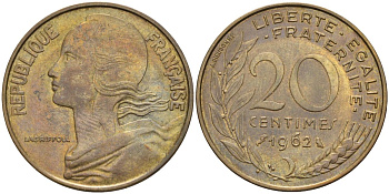Франция 20 сантимов 1962 тип Marianne KM 930, Le Franc 156.3 медь алюминий никель 4592-1037