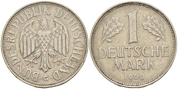 ФРГ 1 МАРКА 1960 G KM 110, J. 385 медно-никель 4551-1241