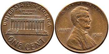 США 1 ЦЕНТ 1988 KM 201b медь-цинк 4178-257