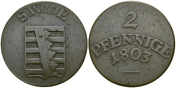 Саксен-Веймар-Эйзенах 2 пфеннига 1803 S.W.U.E., Карл Август (1758-1809-1828) KM 58 с, Slg. Merseburger 4012, Koppe 615 медь    65-541