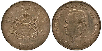 Монако 10 франков 1979 Ренье III (1949-2005) KM 154 медь никель алюминий 114-514