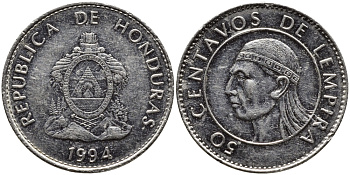 Гондурас 50 сентаво 1994 бюст касика Лемпира KM 84а.1 сталь плакированная никелем 4390-147